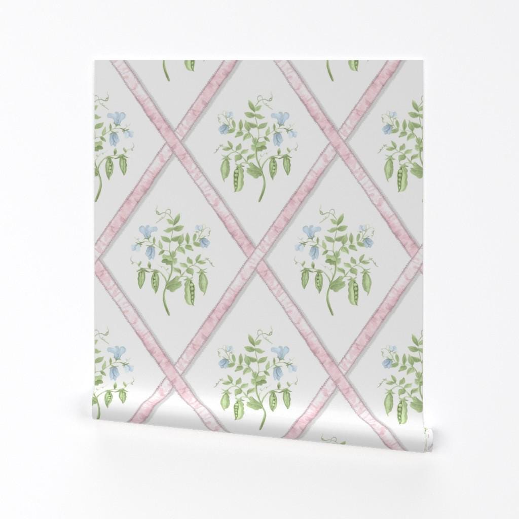 pink-trellis-removable-peel-and-stick-wallpaper-ribbons-sweet-pea-plant-blue-green-wall-art-wall-decor-eloise-by-danika-herrick-etsy