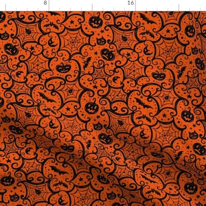 Halloween Fabric - Spooky Cobwebs Black On Orange By Johannaparkerdesign - Retro Vintage Kitsch Cotton Fabric By The Yard With Spoonflower