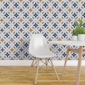 Geometric Wallpaper - Nordic Star By Heatherdutton - Mid Century Navy Yellow Gray Star Removable Self Adhesive Wallpaper Roll by Spoonflower