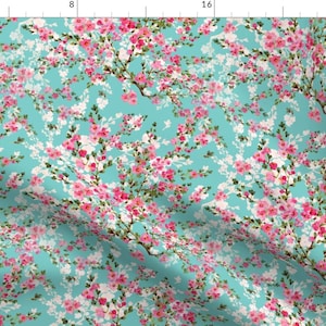 Cherry Fabric - Cherry Blossoms By Jaxie22 - Cherry Blossoms Spring Branches Aqua Pink Green Cotton Fabric By The Yard With Spoonflower