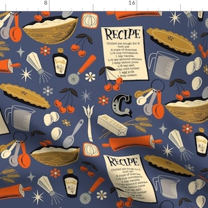 May include: A blue and white repeat pattern featuring a vintage recipe for cherry pie. The pattern includes cherries, measuring spoons, a rolling pin, a pie crust, a bowl of pie filling, and a bottle of vanilla extract. The text of the recipe is included in the pattern.