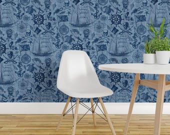 Vintage Nautical Peel and Stick Wallpaper - Pirate Ship Sea Ocean Coastal - Removable Wall Decor Art - Ahoy Pirates by andrea_haase_design
