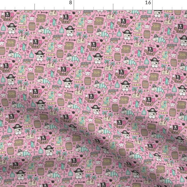 Pirate Fabric - Sharks Nautical Ocean Adventure Doodle Pink Smaller 1,5 Inch By Caja Design - Cotton Fabric by the Yard with Spoonflower