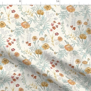 Floral Vintage Natural Fabric - Marigold Love (Cream) Med By Nouveau Bohemian - Floral Yellow Cotton Fabric By The Yard With Spoonflower