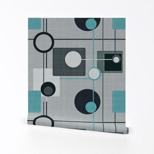Mid Century Wallpaper - Orbs And Squares Gray Aqua By Chicca Besso - Custom Printed Removable Self Adhesive Wallpaper Roll by Spoonflower
