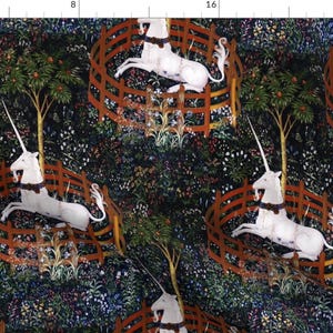 May include: A repeating pattern of white unicorns in a forest setting. The unicorns are trapped in a circular fence made of red wood. The background is a dark blue with green, red, and white flowers.