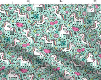 Unicorn Fabric - Unicorn Hearts Rainbow Love Valentine Doodle Mint By Caja Design - Unicorn Mint Cotton Fabric By The Yard With Spoonflower