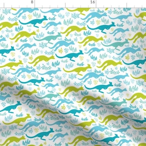 Kangaroo Fabric - Blue Summer By Oksancia - Kangaroo Blue Green Animal Australian Cotton Fabric By The Yard With Spoonflower