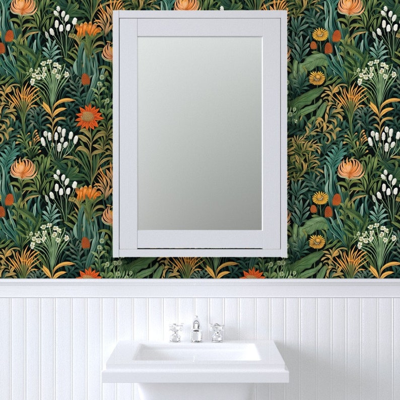 Papier peint floral vert Fleurs déco déco par seamless_surface_design Papier peint amovible amovible chardon orange par Spoonflower image 8