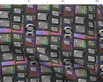 Retro TV Fabric - Rainbow Vintage Tv By Amber Morgan - Rainbow Dark Gray Television Cinema Cotton Fabric By The Yard With Spoonflower