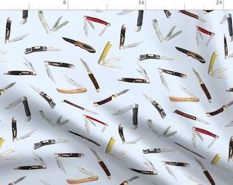 Pocket Knife Fabric - Pocket Knives On Light Blue LARGE By Thinlinetextiles Outdoors Camping - Cotton Fabric By The Yard With Spoonflower