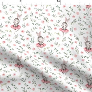 Ballet Bunny on White Fabric - Pink Bunny By Ktscarlett - Easter Bunny Rabbit Watercolor Woodland Cotton Fabric By The Yard With Spoonflower