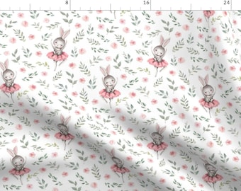 Ballet Bunny on White Fabric - Pink Bunny By Ktscarlett - Easter Bunny Rabbit Watercolor Woodland Cotton Fabric By The Yard With Spoonflower