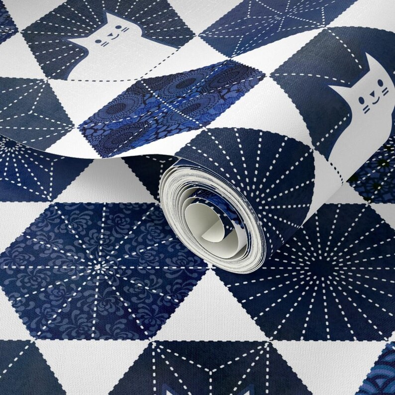 Cats Wallpaper - Sashiko Cats By Patricia Lima - Navy White Geometric Hexagon Kitten Removable Self Adhesive Wallpaper Roll by Spoonflower image 3