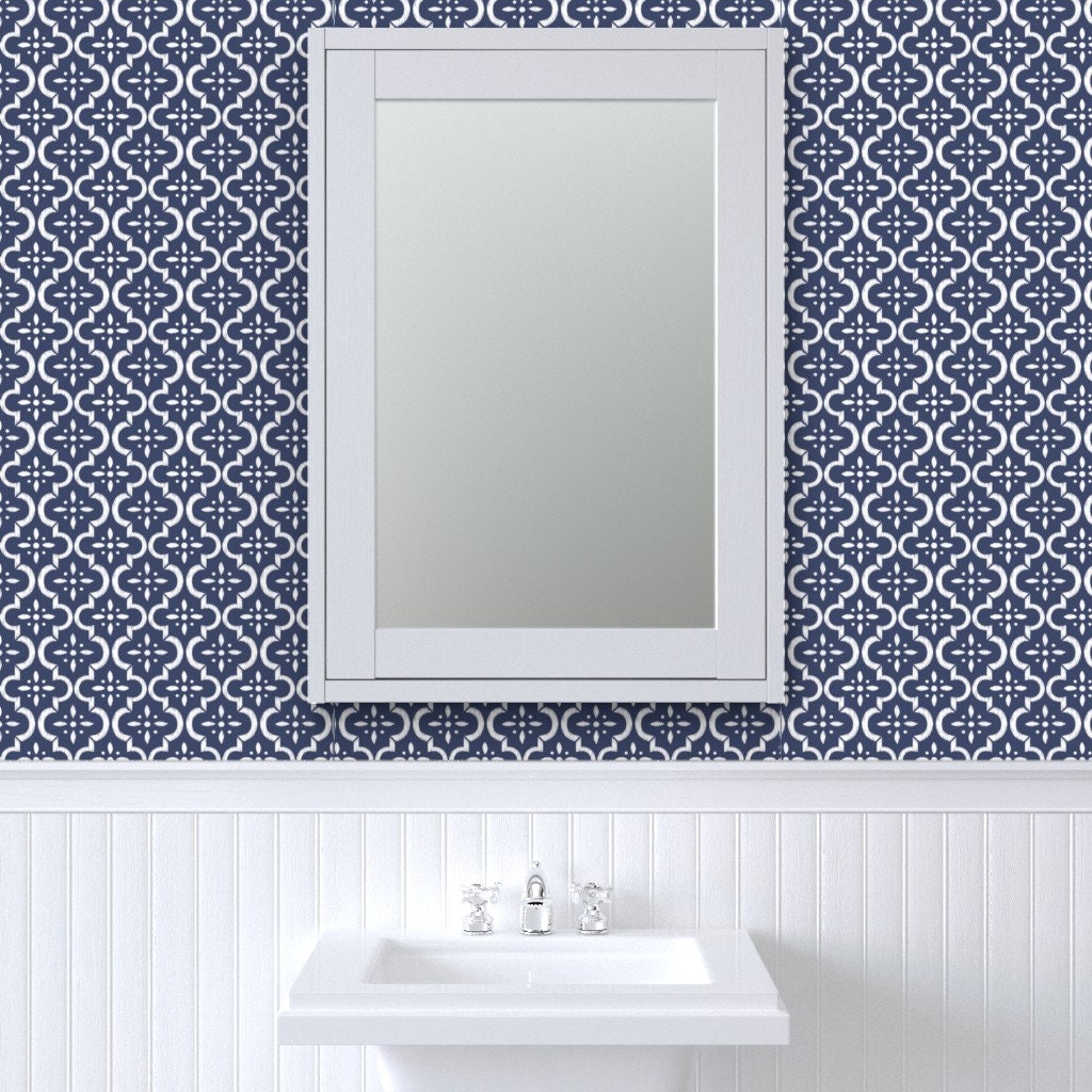 Blue Moroccan Tile Wallpaper Blue Ikat Moroccan Flower by | Etsy