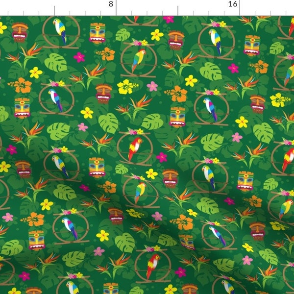 Tiki Fabric - Tiki Frenzy Green By Islandgirlaloha - Tropical Tiki Bar Island Paradise Retro Cotton Fabric By The Yard With Spoonflower