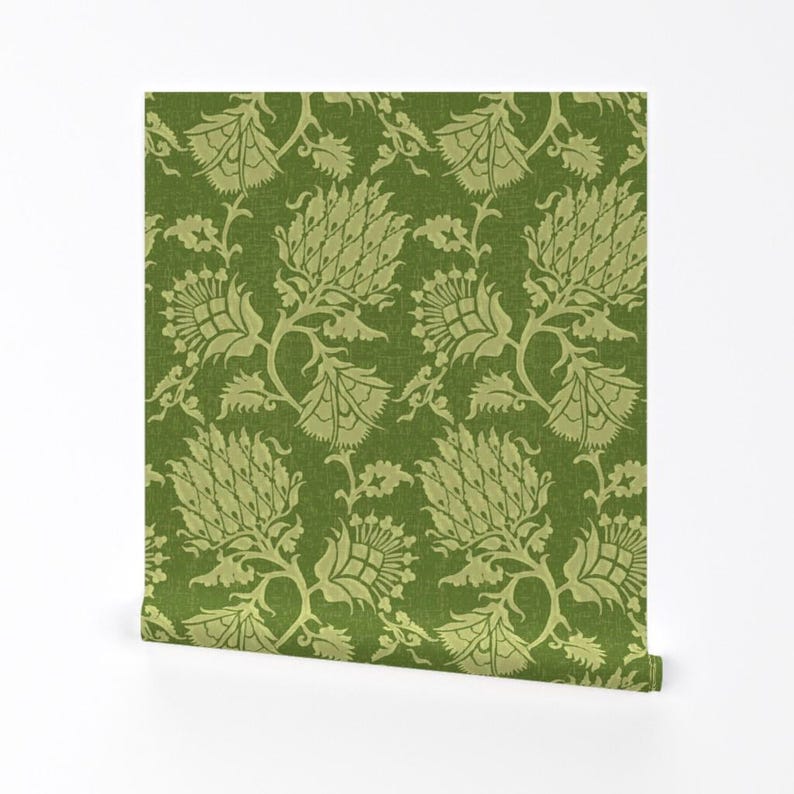 Green Damask Wallpaper - Contessa Vert By Willowlanetextiles - Vintage Custom Printed Removable Self Adhesive Wallpaper Roll by Spoonflower image 2