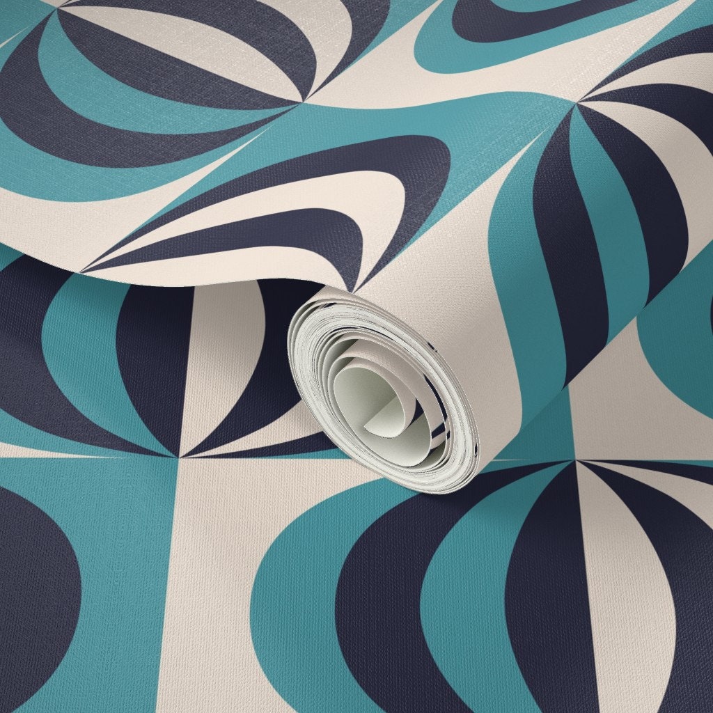 Mid Century Wallpaper Striped Ovals Teal by Danadu Mid - Etsy