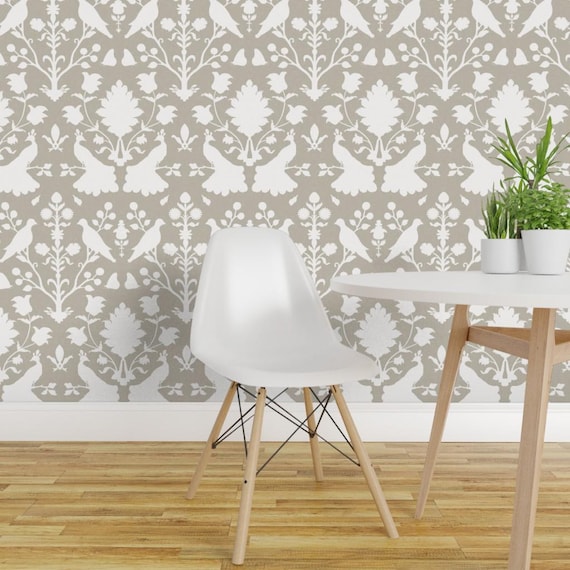 Peacock Wallpaper - Revere Pewter Oiseaux By Willowlanetextiles - Bird Custom Printed Removable Self Adhesive Wallpaper Roll by Spoonflower