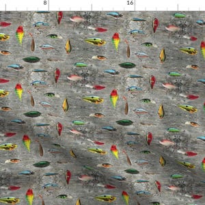 Fishing Lure Fabric - Gone Fishing By Jenarra - Fishing Lure Woodgrain Red Yellow Green Blue Fish Cotton Fabric By The Yard With Spoonflower