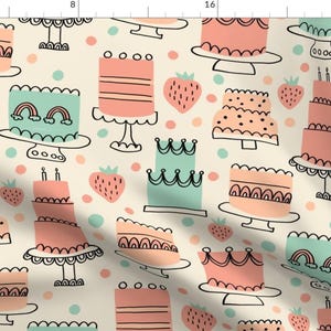 May include: A seamless pattern featuring a variety of pastel-colored cakes with different designs and toppings. The background is a light cream color with scattered dots.