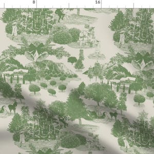 May include: A green and white repeating pattern featuring a stylised forest scene with trees, houses, and bells. The pattern is on a white background.