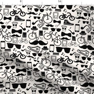 Hipster Fabric - All Things Hipster By Lub By Lamb - Hipster Mustache Music Bicycle Black White Cotton Fabric By The Yard With Spoonflower