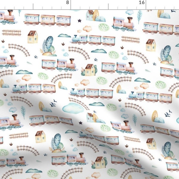 Train Tracks Illustration Fabric - Watercolor Baby Wagon Illustration By Peace Shop - Train Cotton Fabric By The Yard With Spoonflower