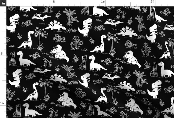 Dinosaurs Fabric - Library Dinos - White On Black By Pinky Wittingslow - Dinosaurs Cotton Fabric By The Yard With Spoonflower