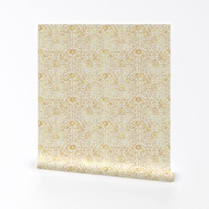Carta da parati floreale Woodblock - Indian Woodblock in giallo di Forestsea - Rotolo di carta da parati autoadesiva rimovibile stampata personalizzata di Spoonflower
