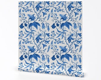 Papier peint bleu - vignes du jardin par willowlanetextiles - papier peint autocollant amovible toile chinoiserie floral botanique par Spoonflower