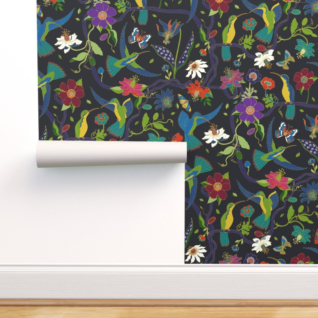 Hummingbirds And Passion Flowers By Cecca Custom Printed Removable Self Adhesive Wallpaper Roll by Spoonflower Hummingbirds Wallpaper