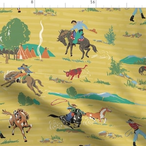 Western Fabric - Cowboys On Yellow  by ponymacaroni -  Cowboy Rustic Horses Ranch Mountains Southwestern Fabric by the Yard by Spoonflower
