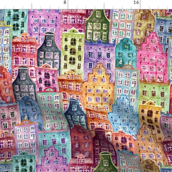 Old Houses Fabric - Watercolor City By Olgersart - Old Houses Neighborhood Community Vintage Cute Cotton Fabric By The Yard With Spoonflower