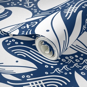 Nautical Wallpaper Whales No 2. Navy by Kathubbs - Etsy