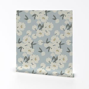 Cream Peonies Removable Peel and Stick Wallpaper -  Light Blue Flowers Green - Wall Art Wall Decor - Peony Serpentine by conroycreekdesigns