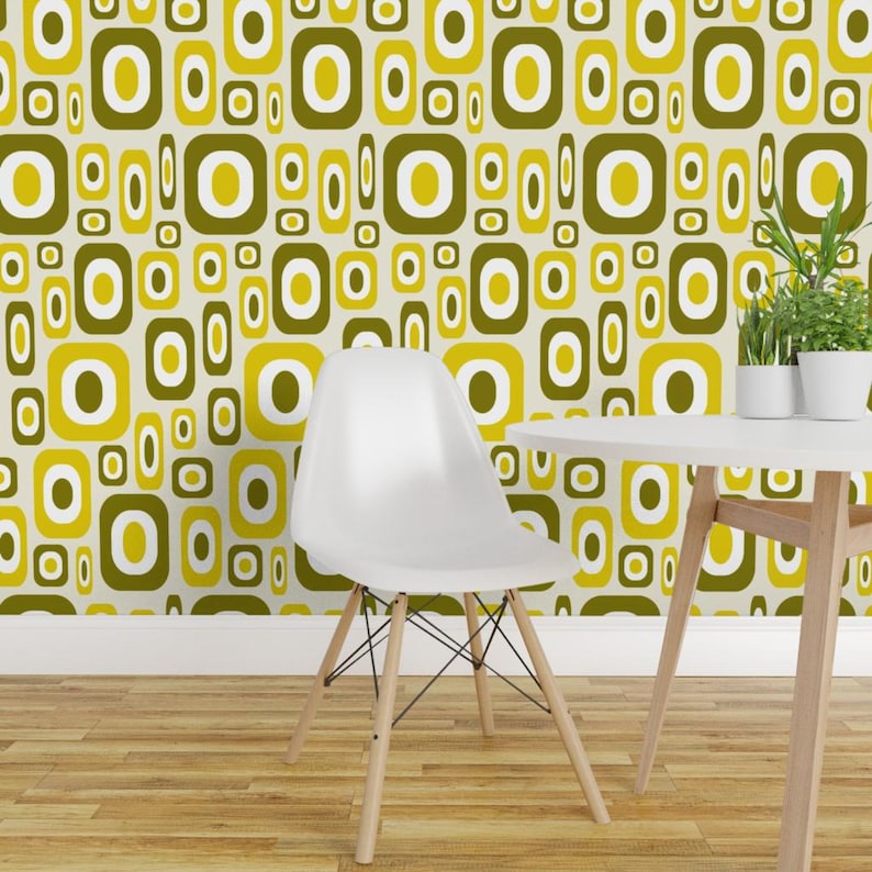 Mid Century Modern Wallpaper - Olive Mod By Jjtrends - Olive Yellow Custom Printed Removable Self Adhesive Wallpaper Roll by Spoonflower image 1