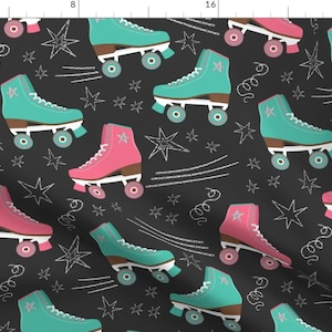 May include: A black background with a repeating pattern of teal and pink roller skates with white wheels. The skates are on a black background with white stars and scribbled lines.