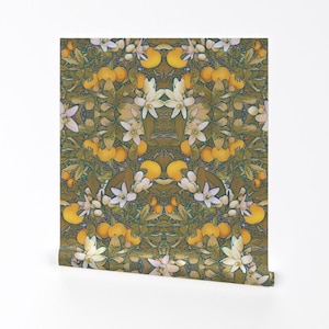 Art Nouveau Wallpaper - Orange Blossoms By Hannatine - Green Yellow Citrus Floral Removable Self Adhesive Wallpaper Roll by Spoonflower
