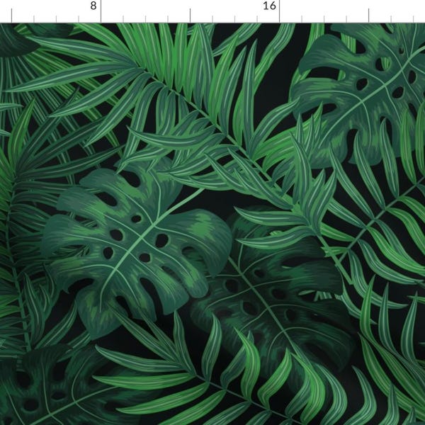 Palm Fronds and Monstera Fabric - Emerald Tropical Night By Eleterart - Moody Tropical Rainforest Cotton Fabric By The Yard With Spoonflower