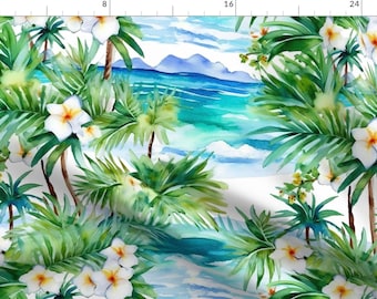 Op de afbeelding: Waterverf schilderij van een tropisch strand met palmbomen, witte bloemen en turquoise water. Het schilderij is op een witte achtergrond.
