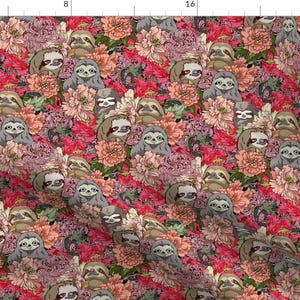 May include: A seamless pattern featuring sloths and pink and red flowers. The sloths are drawn in a cartoon style and are surrounded by flowers. The background is a light pink color.
