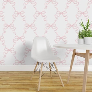 Pink Trellis Peel and Stick Wallpaper - Ribbons Feminine Ballet Pink And White - Removable Wall Decor Art - Hannah Ribbon by danika_herrick