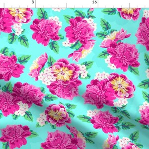 Bright Peony Fabric - Pretty Peonies Floral By Shellypenko - Peony Aqua Blue and Hot Pink Cotton Fabric By The Yard With Spoonflower