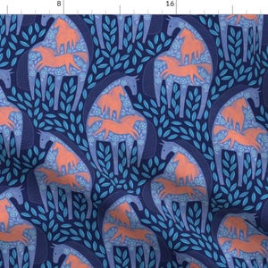 Horses Fabric - Horses Wild And Free By Lilalunis - Horses Equestrian Family Blue Purple Orange Cotton Fabric By The Yard With Spoonflower