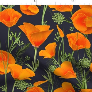 Orange Poppies Fabric - Poppies Outside by katie_o'shea - California Poppy Orange Blue Floral Art Fabric by the Yard by Spoonflower