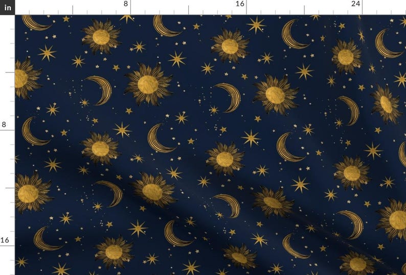 Night Sky Fabric - Golden Celestial by bronwyn_becks - Blue Yellow Sun Moon Stars Gothic Space Fabric by the Yard by Spoonflower image 1