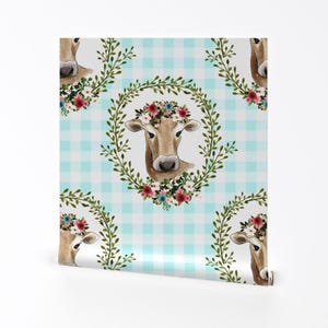 Country Wallpaper - 1.5" Floral Cow - Blue Gingham By Shopcabin - Blue Custom Printed Removable Self Adhesive Wallpaper Roll by Spoonflower