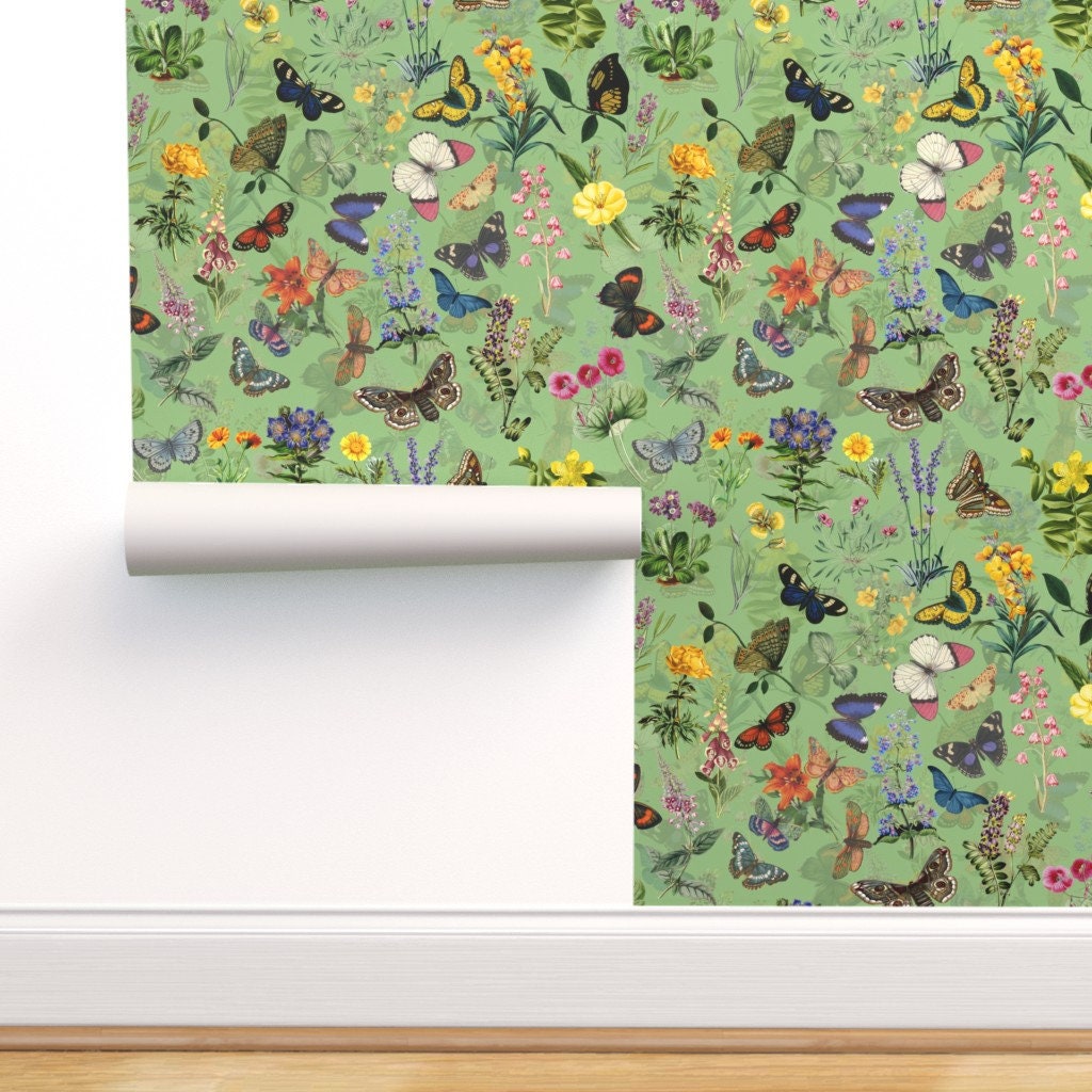 Removable Water-Activated Wallpaper Butterfly Green Floral Garden Botanical Removable Water-Activated Wallpaper Butterfly Green Floral Garden Botanical