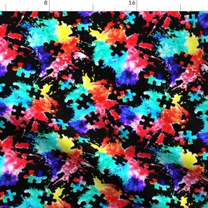 Puzzle Fabric - Rainbow Watercolor Splatter W/ Puzzle Piece Black By Littlearrowdesign -Cotton Fabric By The Yard With Spoonflower